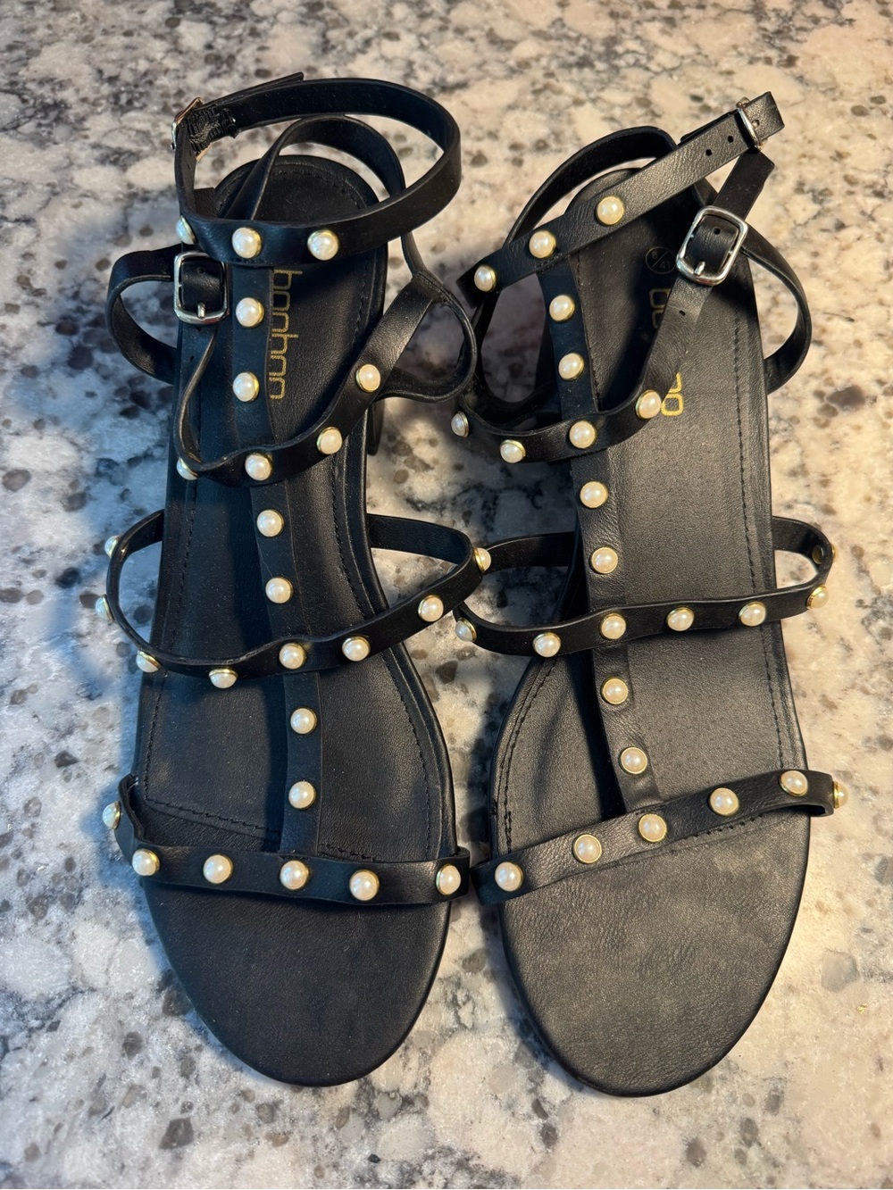 Boohoo Black Pearl-Accent Strappy Gladiator Sandals with Ankle Buckles